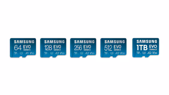 Samsung Semiconductor's microSD Card EVO Select is available in capacities of 64GB, 128GB, 256GB, 512GB and 1TB.