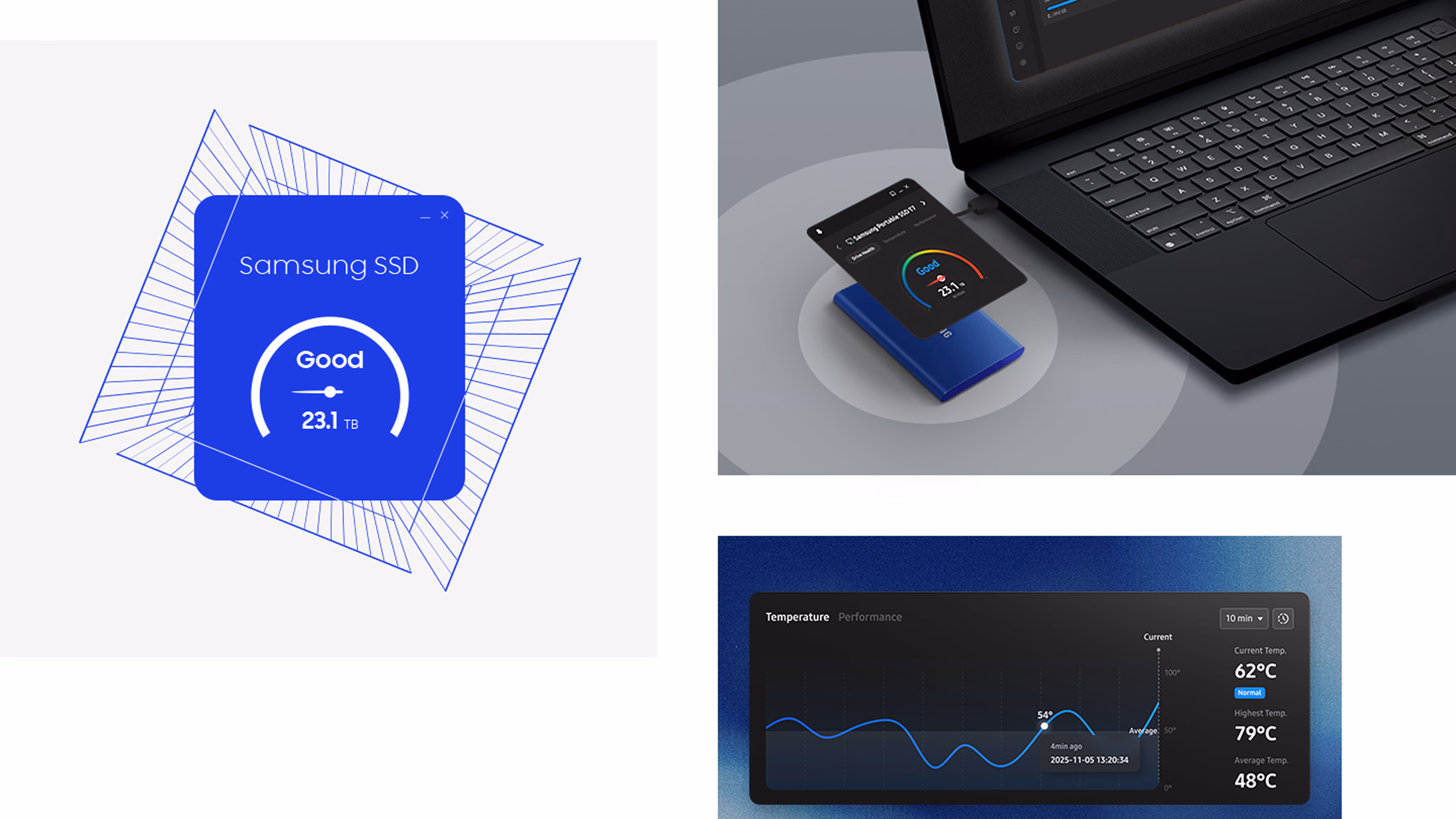 Drive Health widget reading Good and 23.1 TB beside a Samsung portable SSD connected to a laptop, with a Temperature widget.