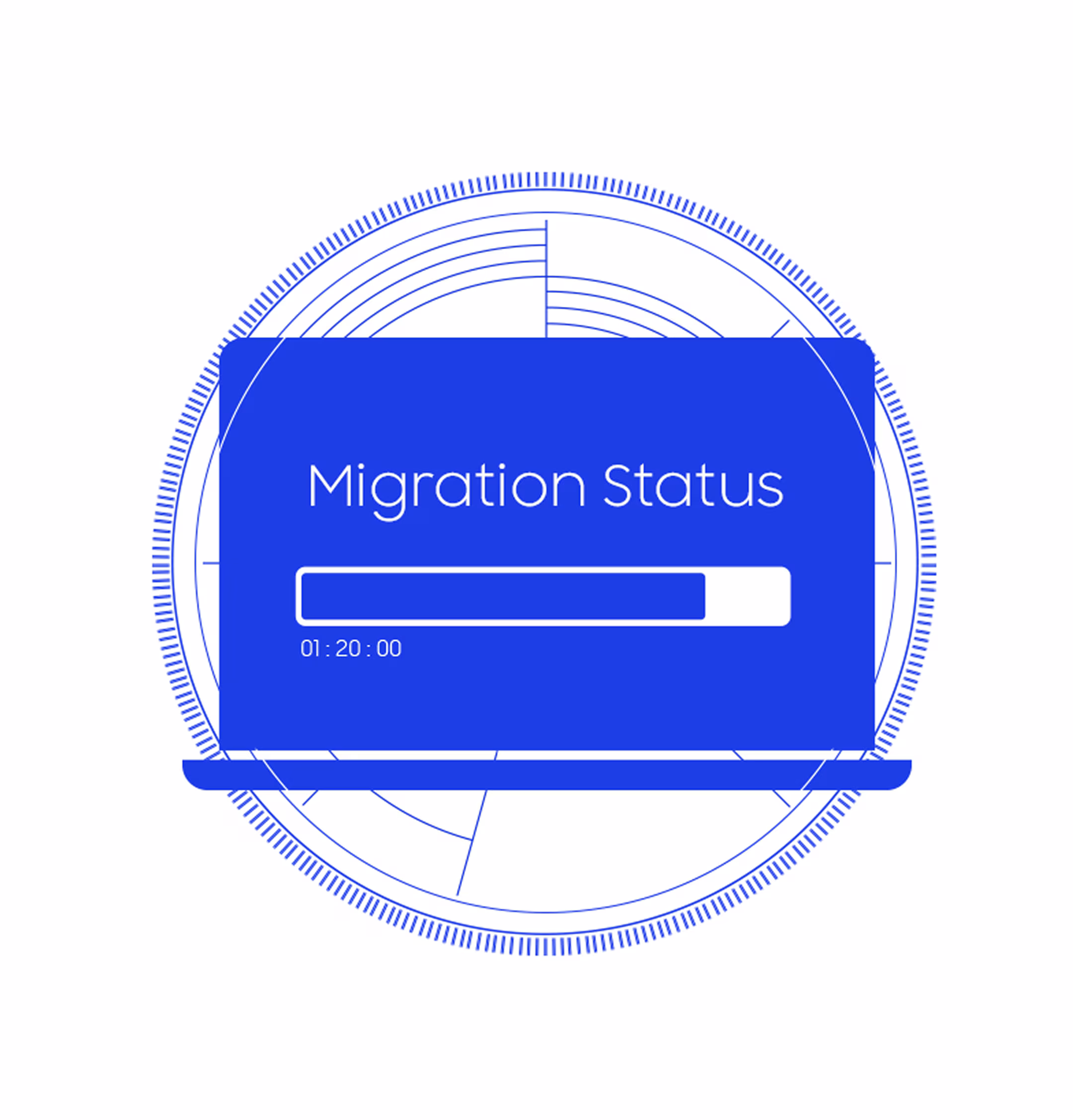 Blue line drawing of a laptop labeled Migration Status, with a progress bar at 01:20:00.