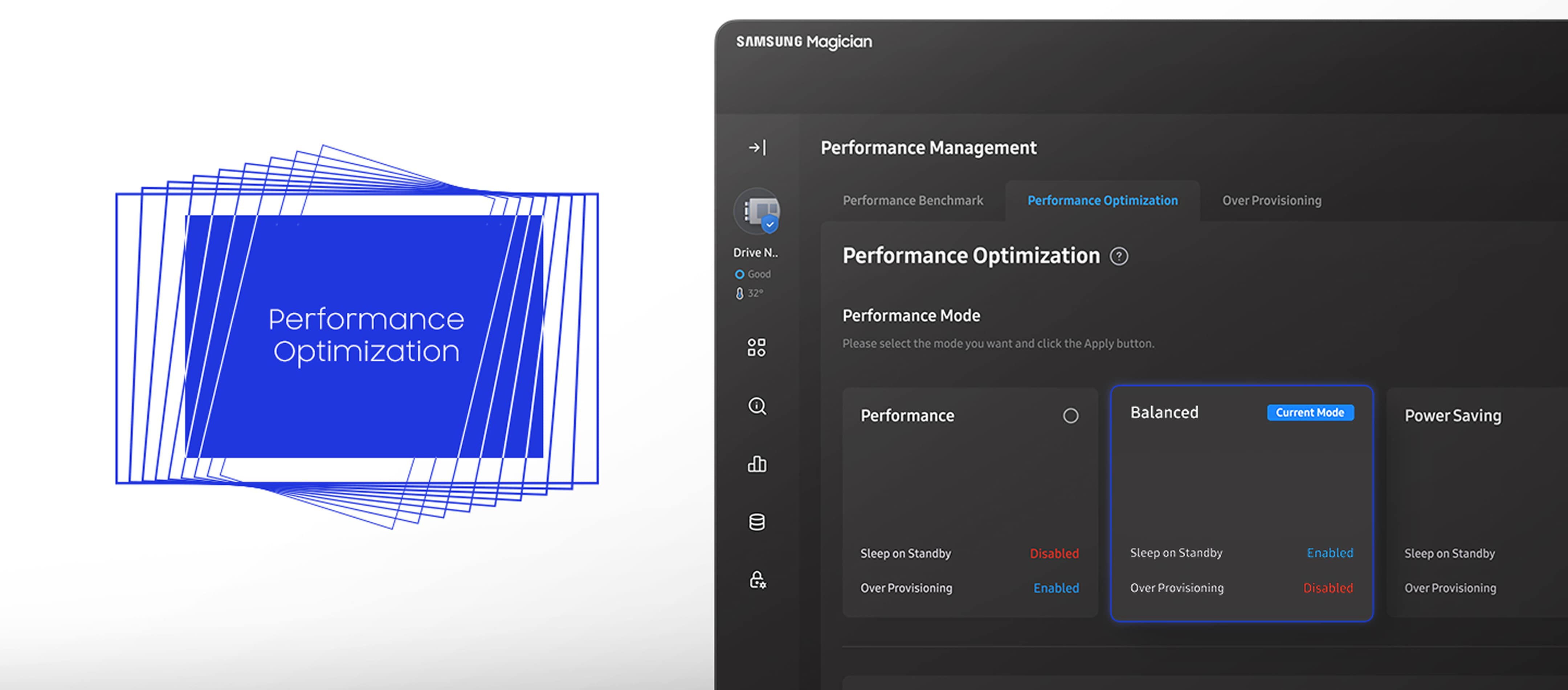 Performance Optimization screen with Balanced set as the current mode, beside a blue Performance Optimization graphic.