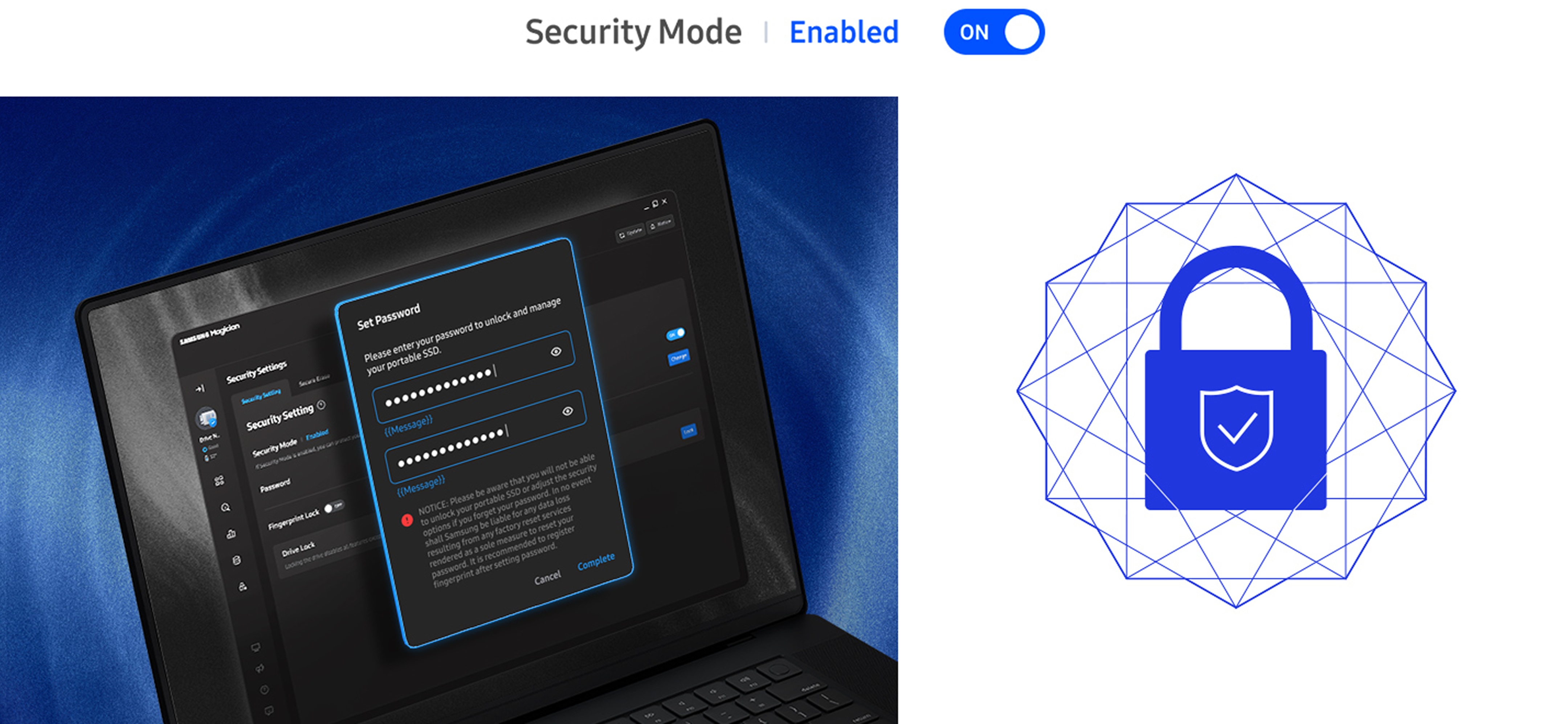 Security Mode enabled, with a Set Password window on a laptop and a blue padlock graphic.