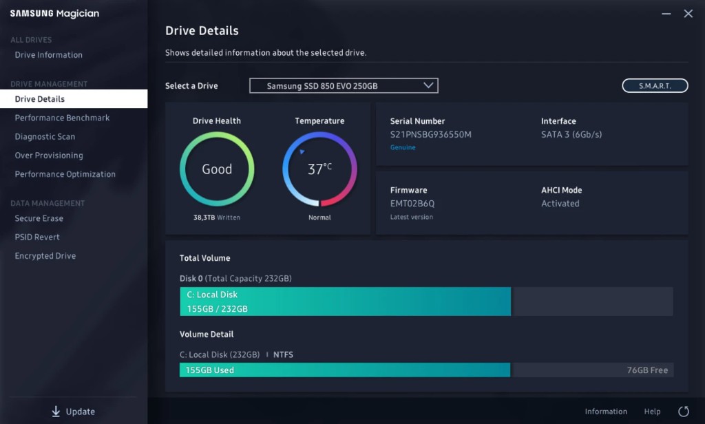 Drive Details for a Samsung SSD 850 EVO 250 GB, with health Good, temperature 37 degrees, SATA 3, and firmware marked latest version.