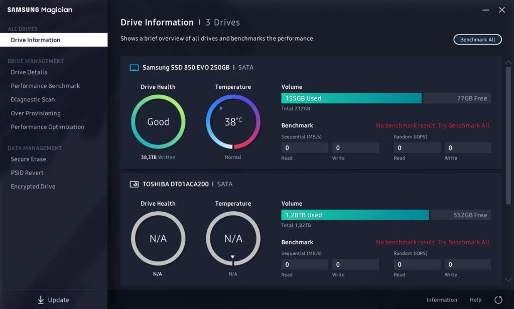 Samsung Magician Drive Information for three drives, with the Samsung SSD 850 EVO showing Good health, 38 degrees, and 155 GB used.