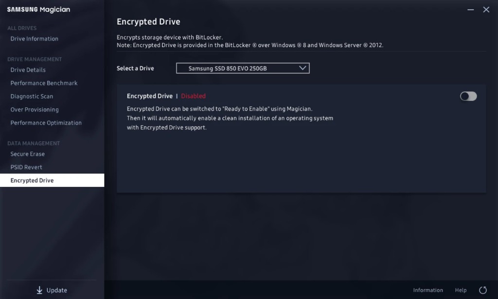 Encrypted Drive screen set to Disabled for a Samsung SSD 850 EVO, with the BitLocker note for Windows 8 and Windows Server 2012.