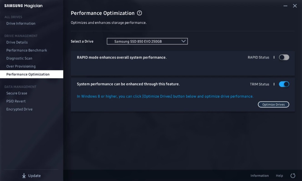 Performance Optimization for a Samsung SSD 850 EVO, with RAPID mode off and TRIM status on.