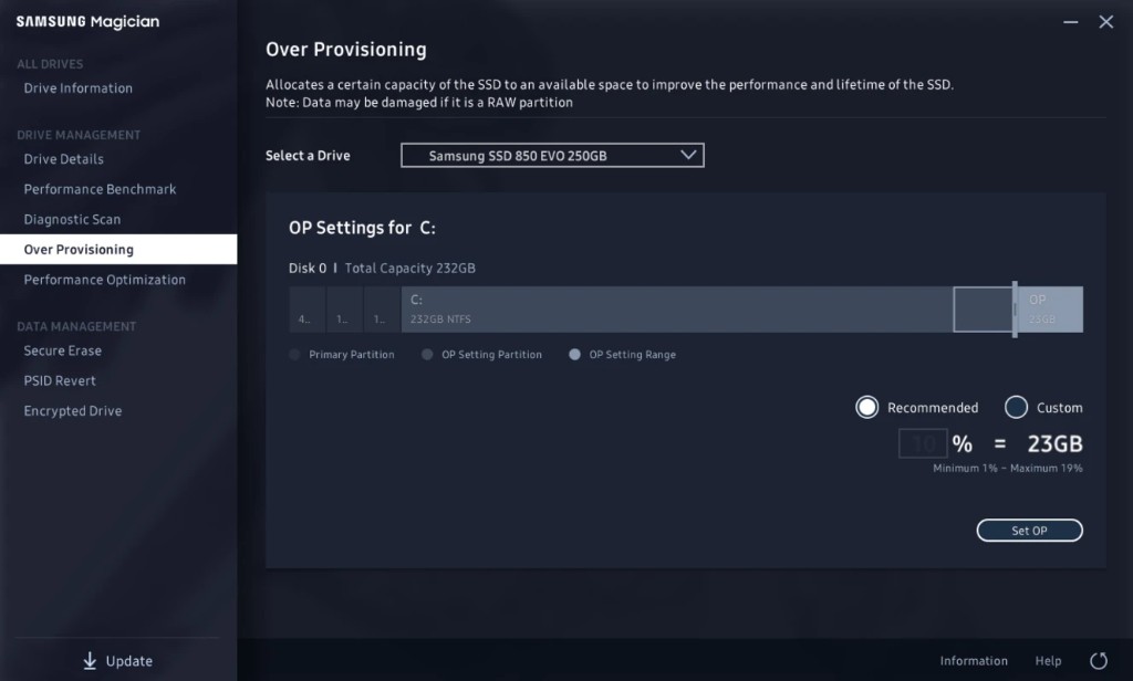 Over Provisioning set to the recommended 10 percent, equal to 23 GB, on a 232 GB Samsung SSD.